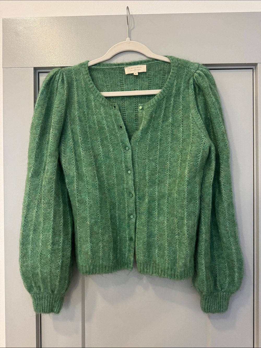Sezane Cashmere Puff-Sleeve Button Cardigan Sweater